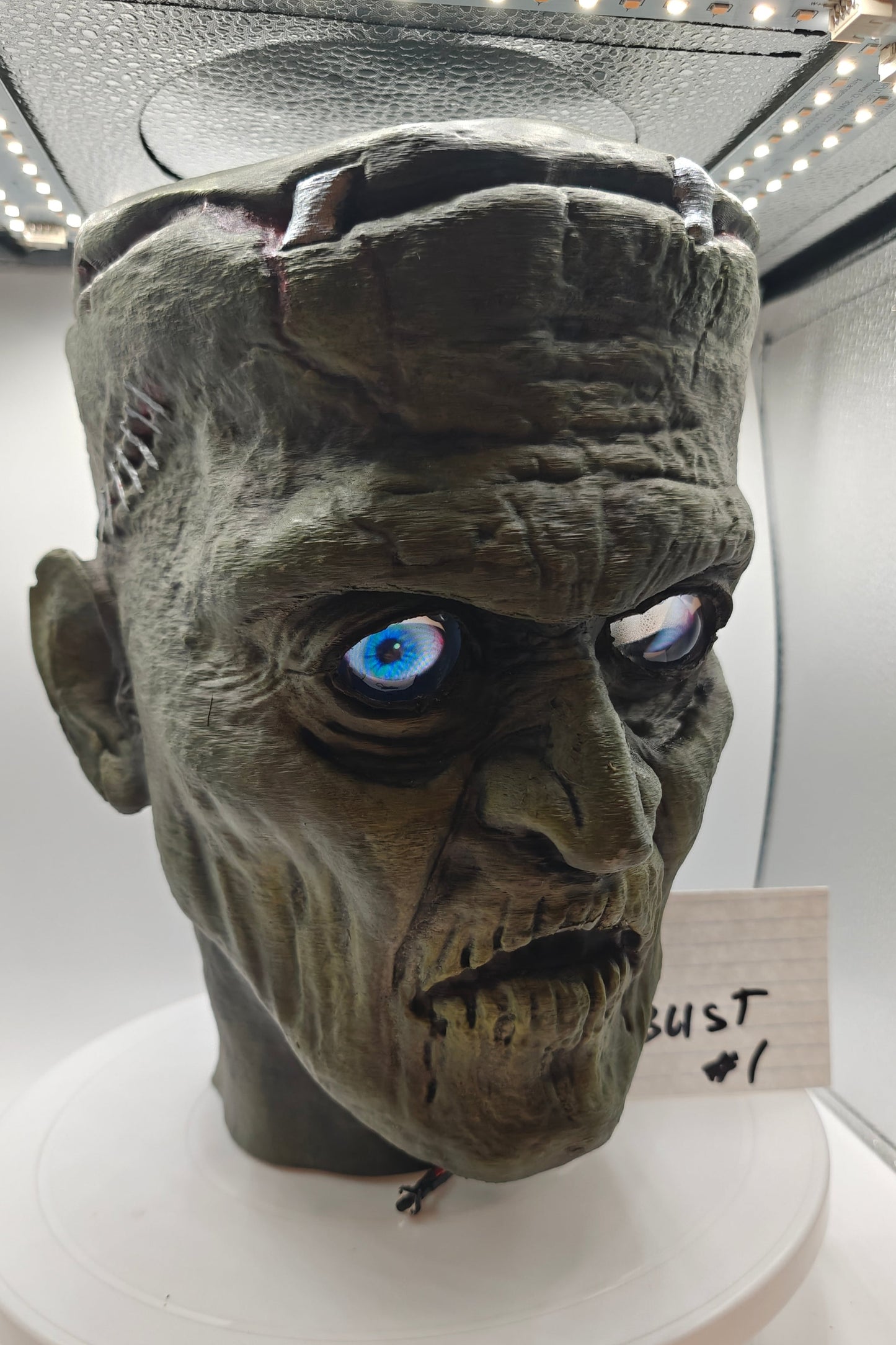 Frankenstein Monster 3D printed Bust with Living Mummiks Display Box and Digital eyes kit installed. Halloween, Horror Display.