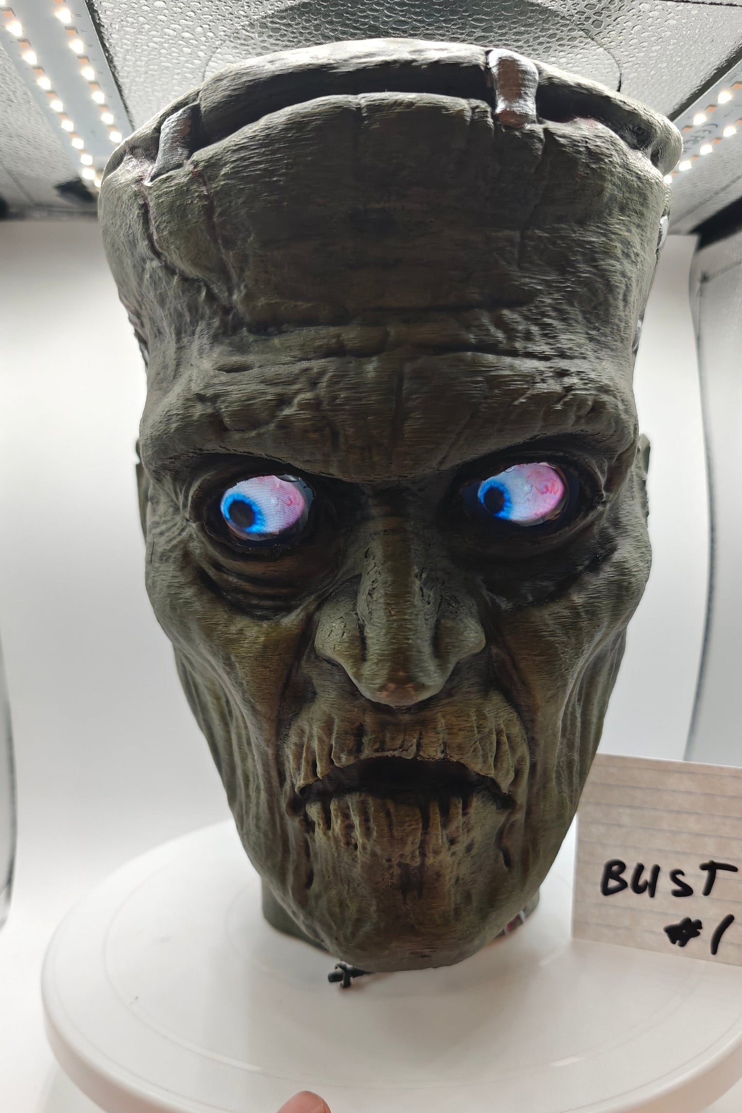 Frankenstein Monster 3D printed Bust with Living Mummiks Display Box and Digital eyes kit installed. Halloween, Horror Display.
