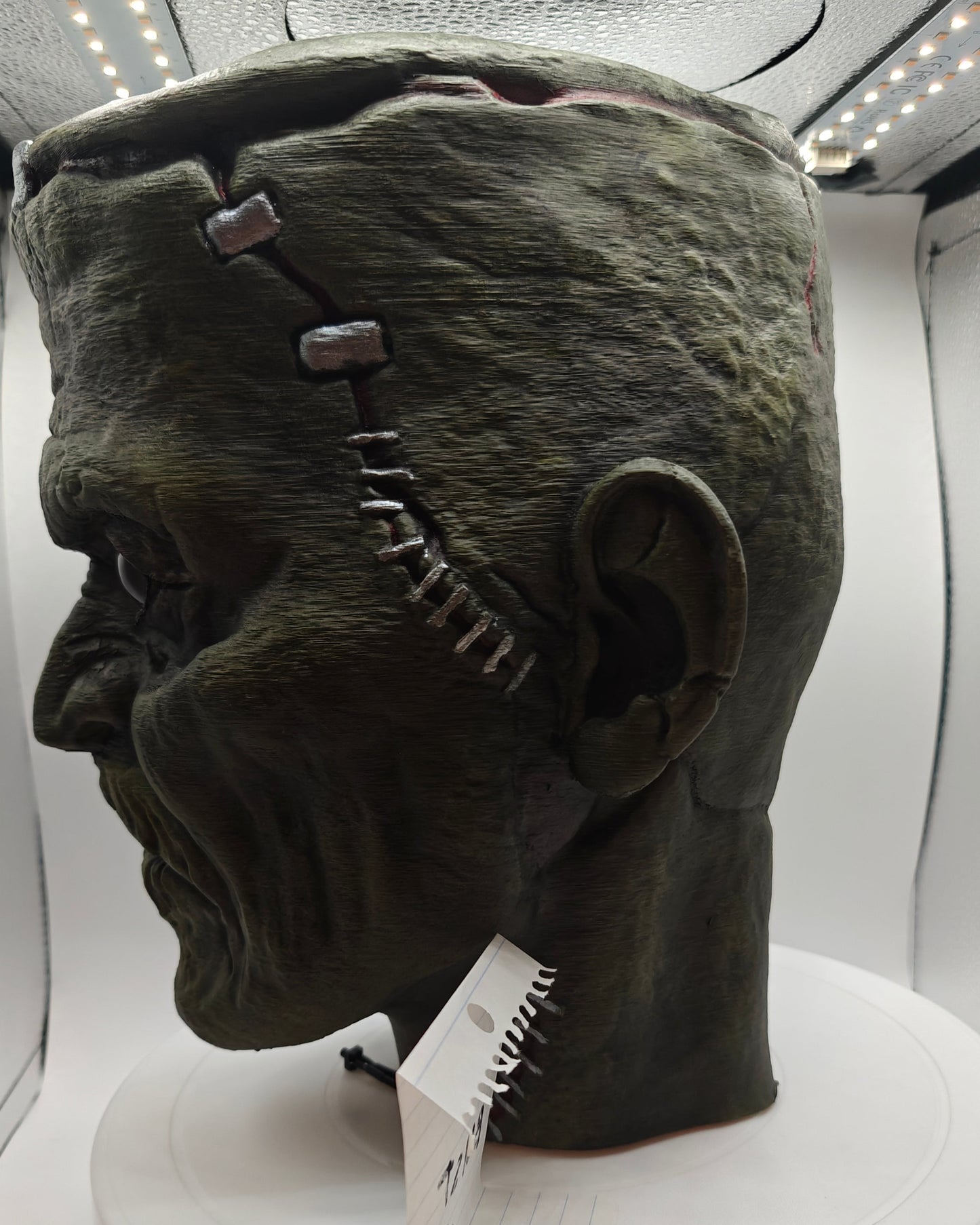 Frankenstein Monster 3D printed Bust with Living Mummiks Display Box and Digital eyes kit installed. Halloween, Horror Display.