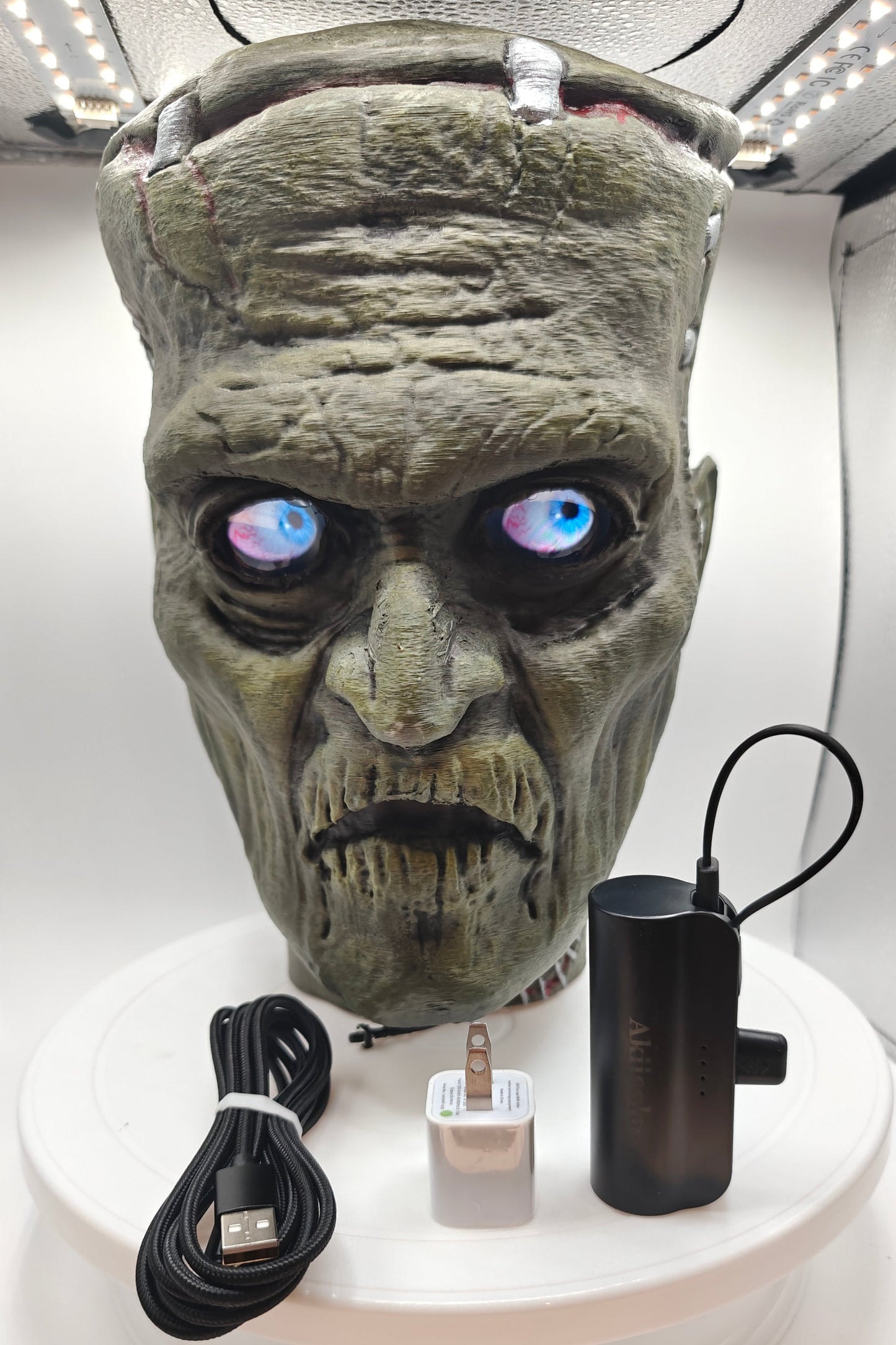 Frankenstein Monster 3D printed Bust with Living Mummiks Display Box and Digital eyes kit installed. Halloween, Horror Display.