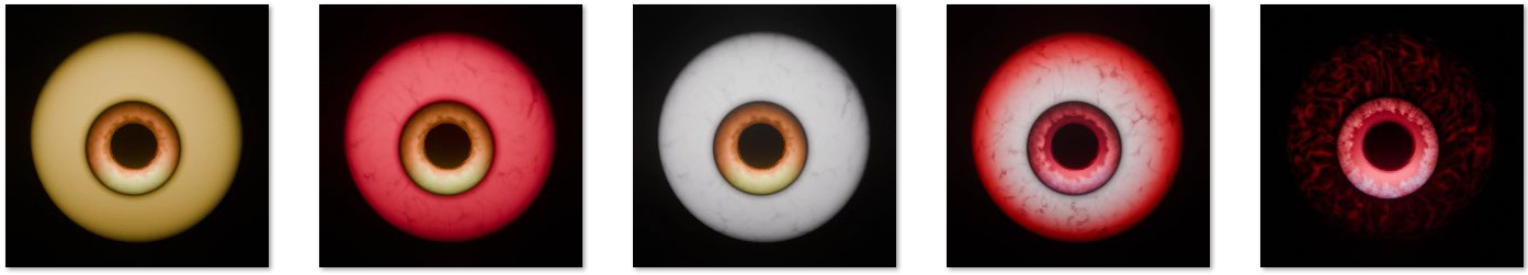 5 PRELOADED PARROT ANIMATIONS
► Cursed Amber — cream-yellow iris, orange pupil
► Rotwing Pink — pink bloodshot iris
► Dead Cataract — milky white cataract eye
► Blood Iris — red ring with purple center
► Crimson Web — deep crimson veiny web