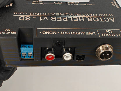 Actor Helper controller with 128mb SD Card included for Scare Actors, rear outputs view showing LED 12v lamp strobe output, Mono 3.5mm audio jack and Mono RCA outputs, Relay output with NO - Normally Open terminals.