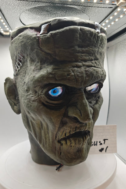 Frankenstein  Monster 3D printed  Bust with Living Mummiks Display Box  and Digital eyes kit installed. Halloween, Horror Display.