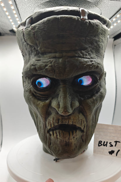 Frankenstein  Monster 3D printed  Bust with Living Mummiks Display Box  and Digital eyes kit installed. Halloween, Horror Display.
