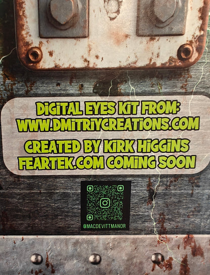 Rust-covered metal surface with text about a digital eyes kit from Dmitriy Creations and Feartek. Frankenstein  Monster 3D printed  Bust with Living Mummiks Display Box  and Digital eyes kit installed. Halloween, Horror Display.