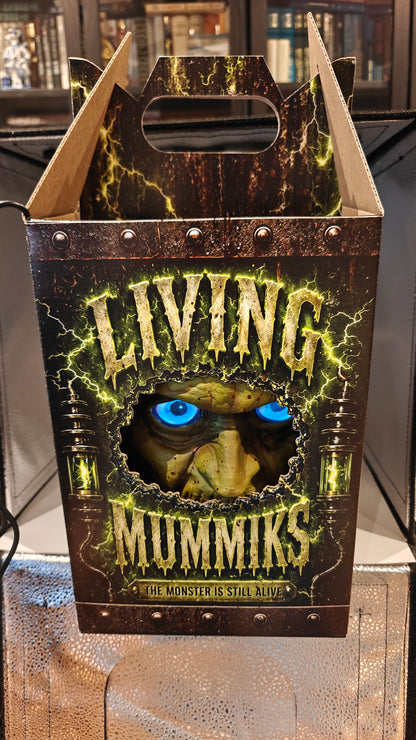 Included Living Mummiks carrying/demo-case design, front viewing opening with a bust demonstrating the digital eyes.
