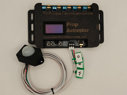 Prop Activator Controller from Dmitriycreation to control Store Animatronics using  and PIR Motion Sensor HC-SR501 with 6 ft cord and wall mount case.
Prewired and labeled.