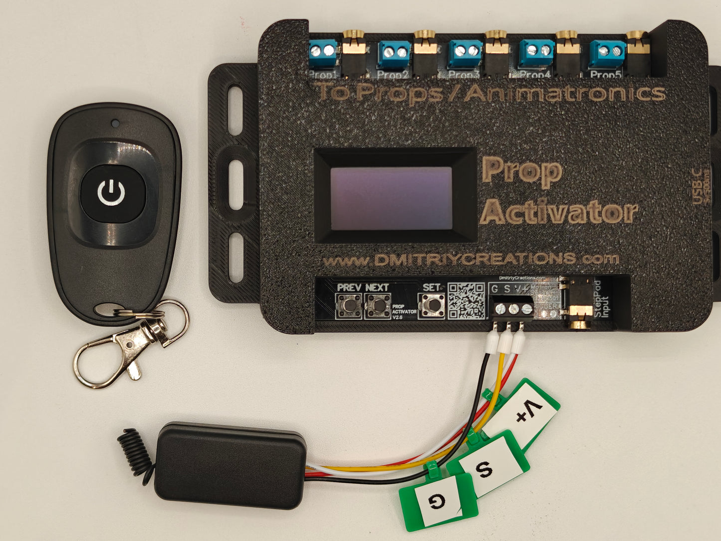 PropActivator Controller from DmitriyCreations with RF Remote control kit 433Mhz, Prewired and labeled.