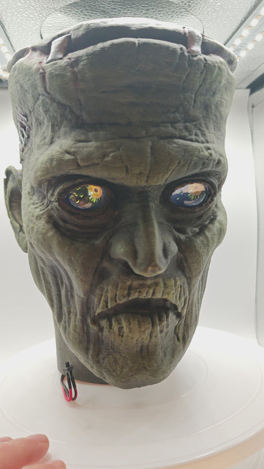 Frankenstein  Monster 3D printed  Bust with Living Mummiks Display Box  and Digital eyes kit installed. Halloween, Horror Display.