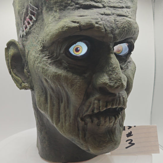 Frankenstein  Monster 3D printed  Bust with Living Mummiks Display Box  and Digital eyes kit installed. Halloween, Horror Display.