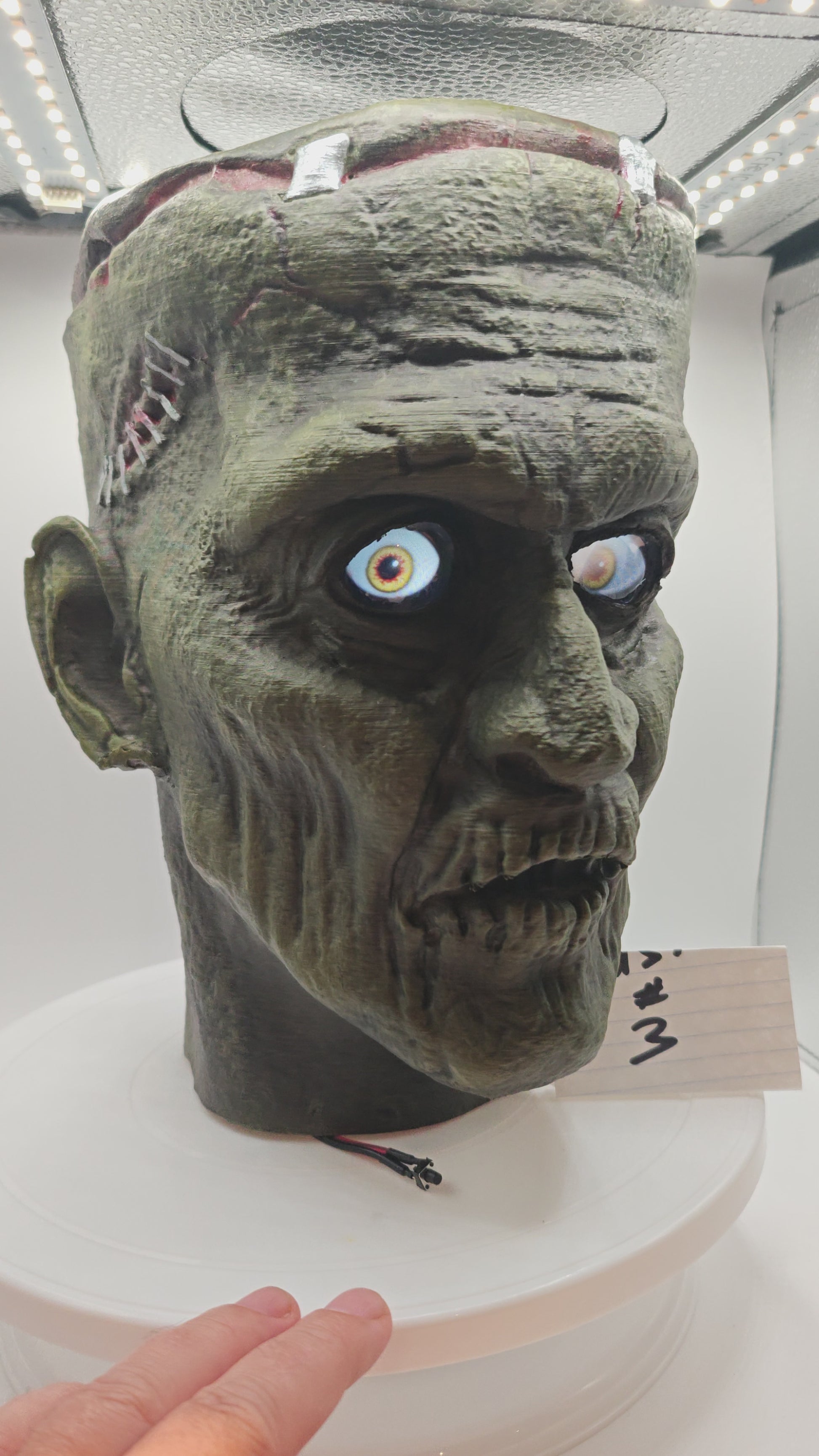 Frankenstein  Monster 3D printed  Bust with Living Mummiks Display Box  and Digital eyes kit installed. Halloween, Horror Display.
