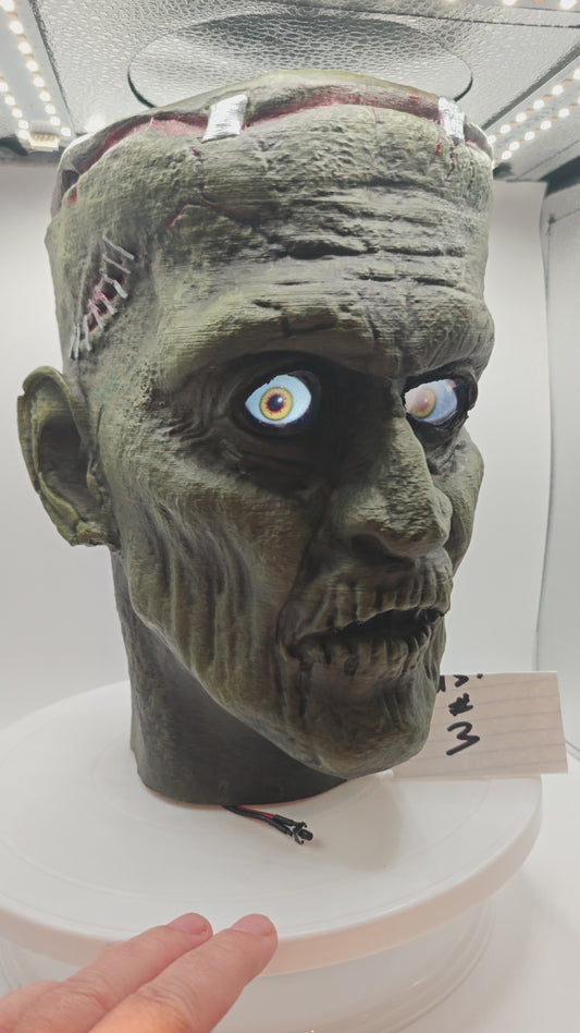 Frankenstein  Monster 3D printed  Bust with Living Mummiks Display Box  and Digital eyes kit installed. Halloween, Horror Display.
