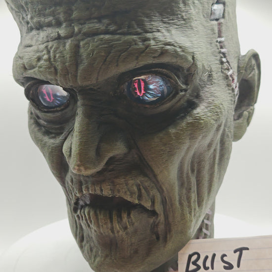 Frankenstein  Monster 3D printed  Bust with Living Mummiks Display Box  and Digital eyes kit installed. Halloween, Horror Display.