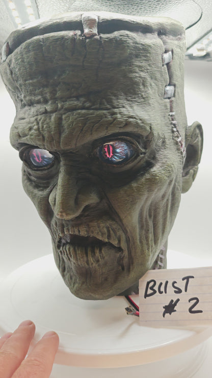 Frankenstein  Monster 3D printed  Bust with Living Mummiks Display Box  and Digital eyes kit installed. Halloween, Horror Display.