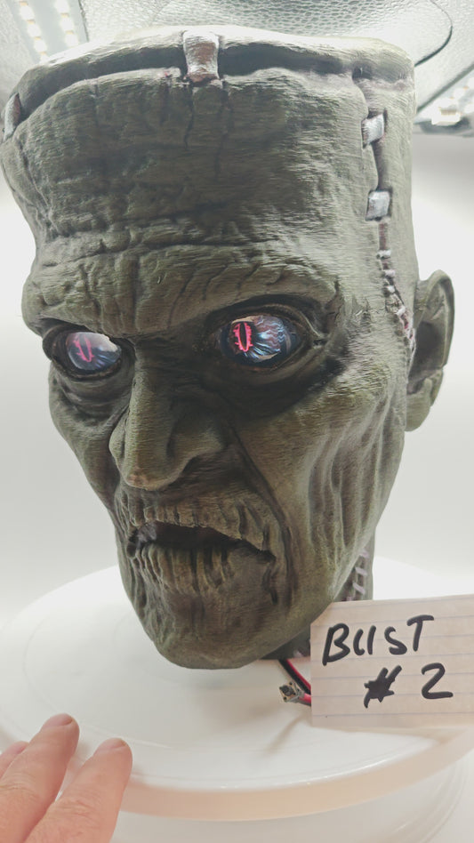 Frankenstein  Monster 3D printed  Bust with Living Mummiks Display Box  and Digital eyes kit installed. Halloween, Horror Display.