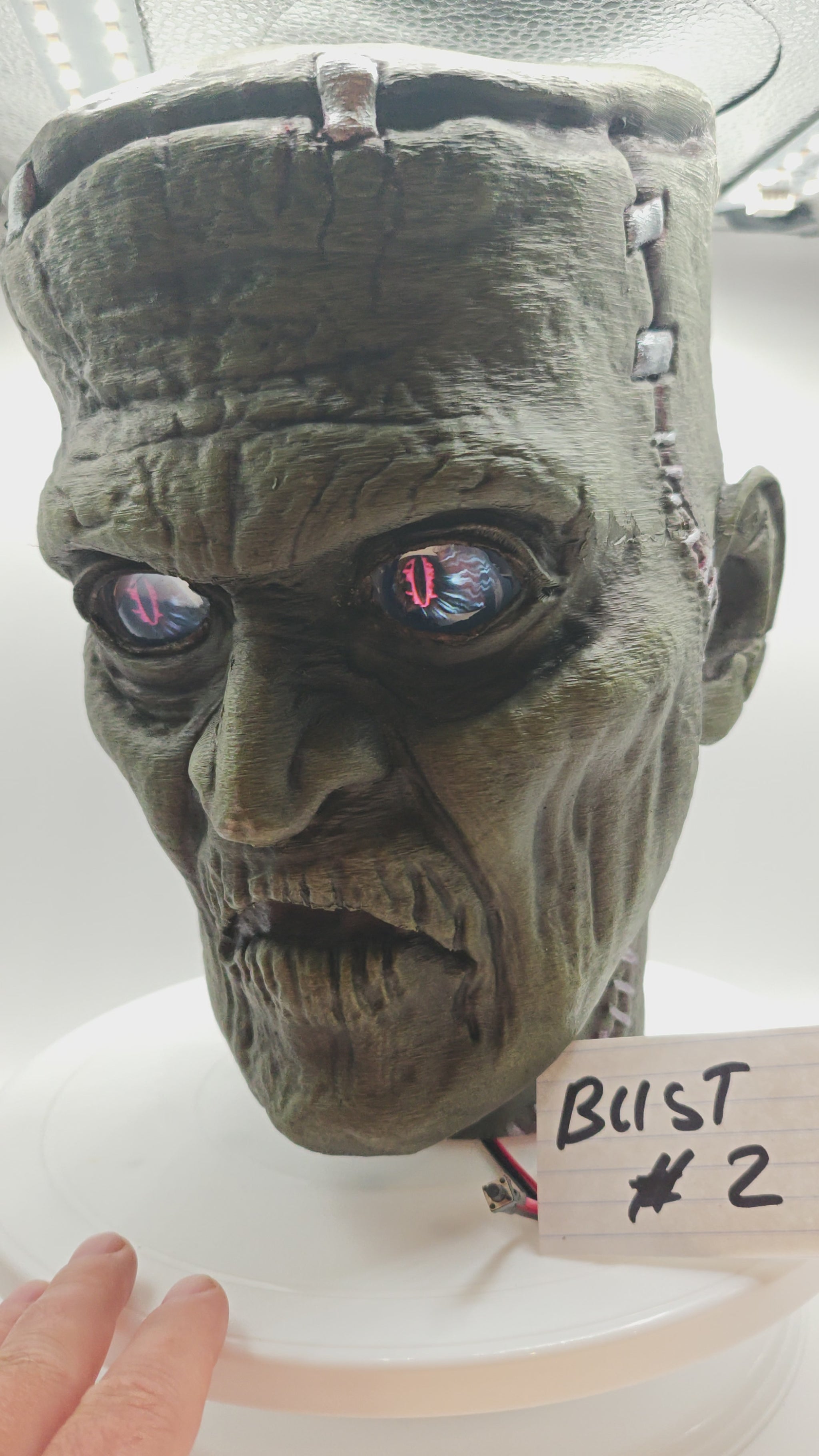 Frankenstein  Monster 3D printed  Bust with Living Mummiks Display Box  and Digital eyes kit installed. Halloween, Horror Display.